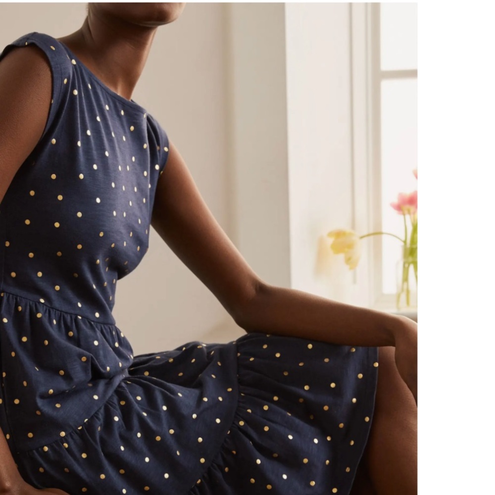 STYLISH BODEN ROMAINE SLEEVELESS DRESS BLUE W/ GOLD POLKA DOTS TIERED SKIRT EUC - Picture 4 of 15